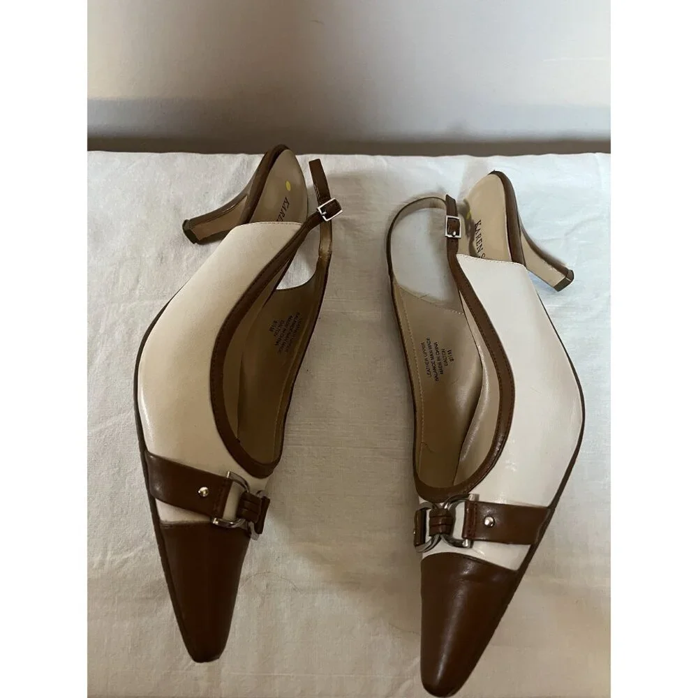 Y2K Vintage Leather Slingback Kitten Heel Spectator Pumps Cap Toe Brown White - Picture 7 of 11